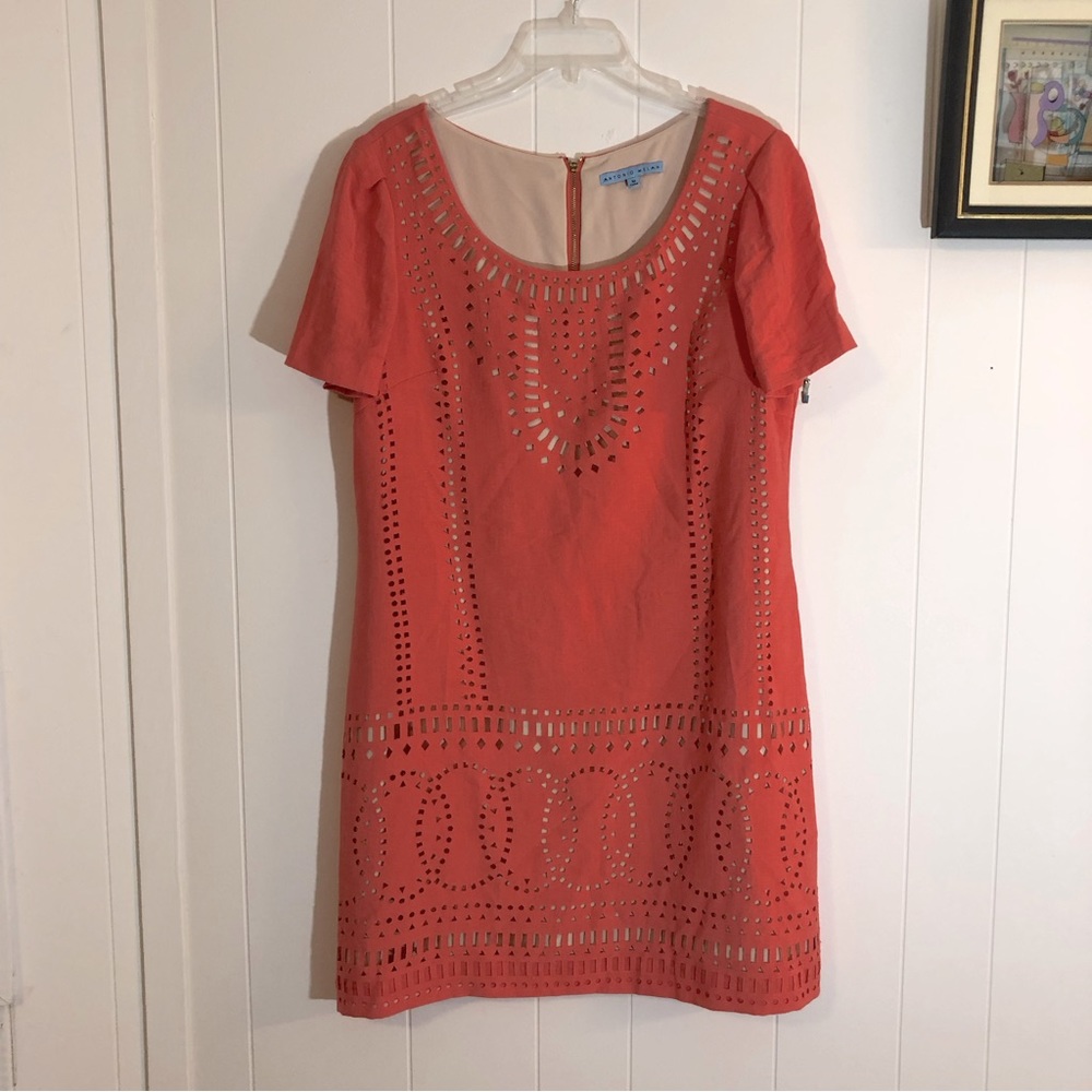 Antonia Melani Coral Cut Out Design Sheath Short Sleeve Dress Size 10